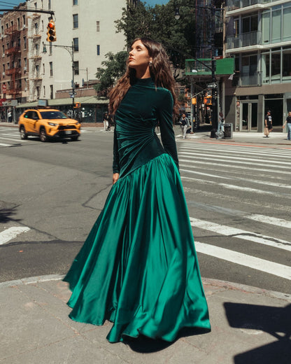 Mac Duggal Velvet Long Sleeve Mock Neck Charmeuse Skirt Gown Duggal