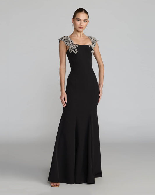 Mac Duggal Black Beaded Floral Appliqué Mermaid Gown