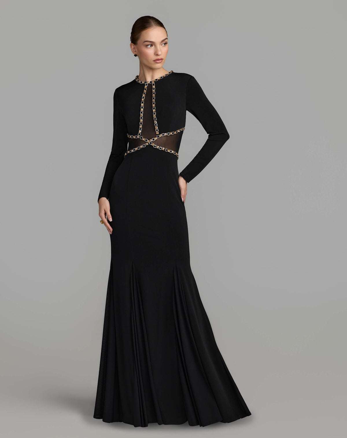 Mac Duggal Black Crystal Trim Illusion Mermaid Gown