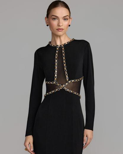Mac Duggal Black Crystal Trim Illusion Mermaid Gown
