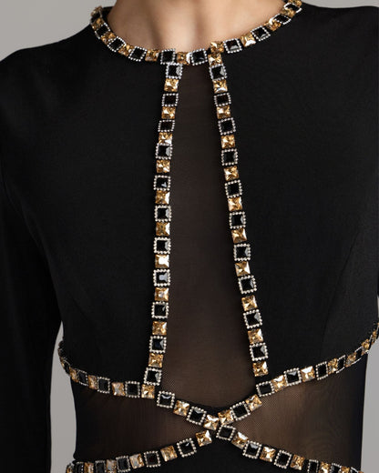 Mac Duggal Black Crystal Trim Illusion Mermaid Gown