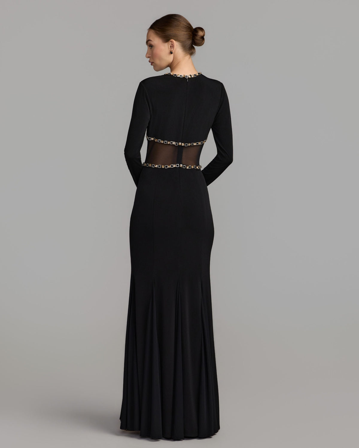 Mac Duggal Black Crystal Trim Illusion Mermaid Gown