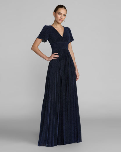 Mac Duggal Navy Pleated Metallic Flutter Sleeve A Line Gown