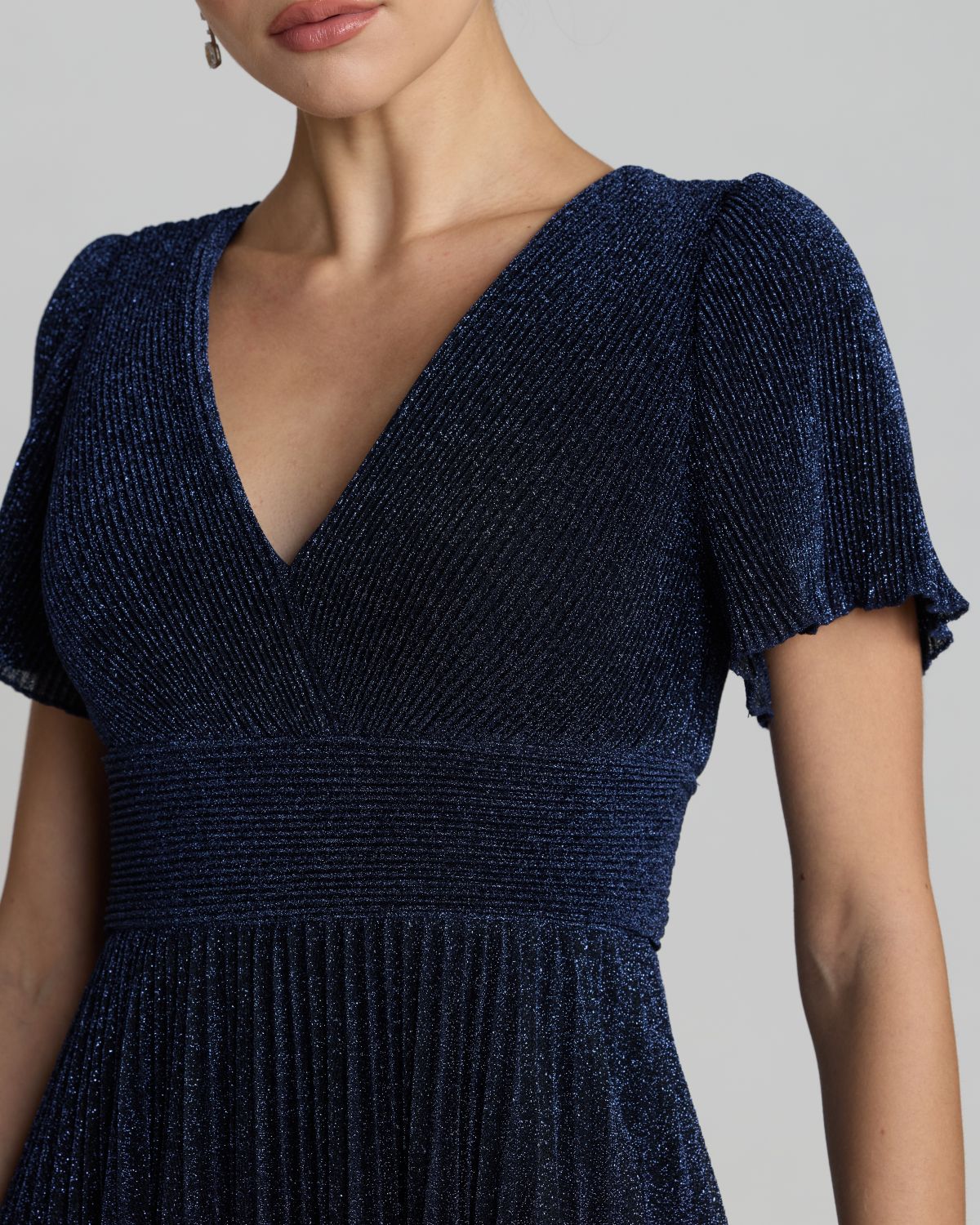 Mac Duggal Navy Pleated Metallic Flutter Sleeve A Line Gown