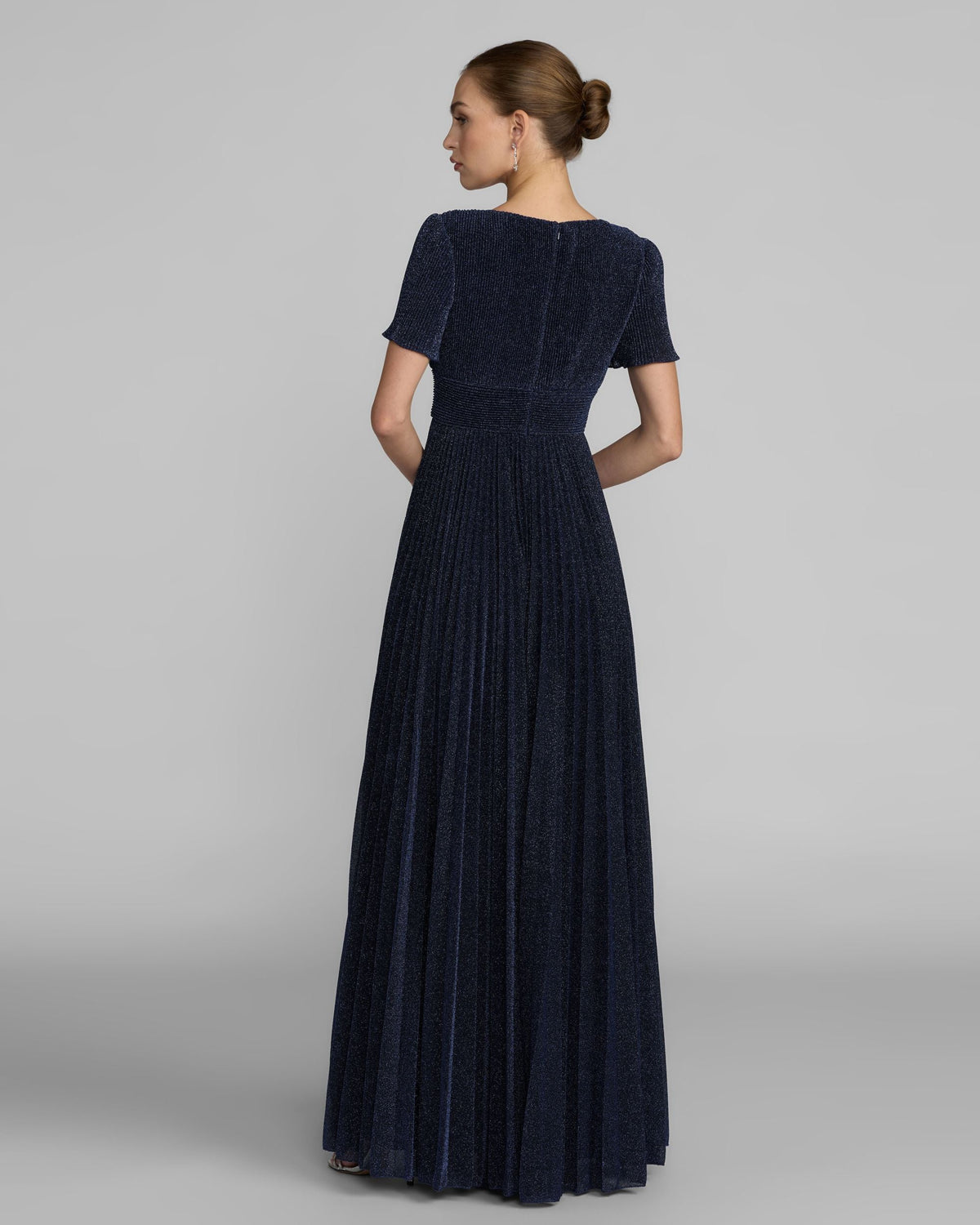 Mac Duggal Navy Pleated Metallic Flutter Sleeve A Line Gown