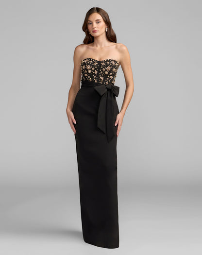 Mac Duggal Black Strapless Embellished Bustier Gown with Bow