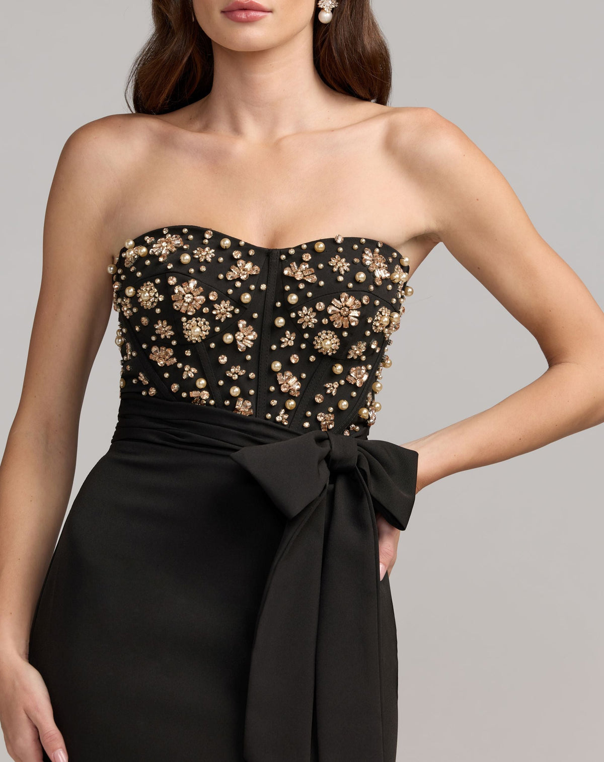 Mac Duggal Black Strapless Embellished Bustier Gown with Bow