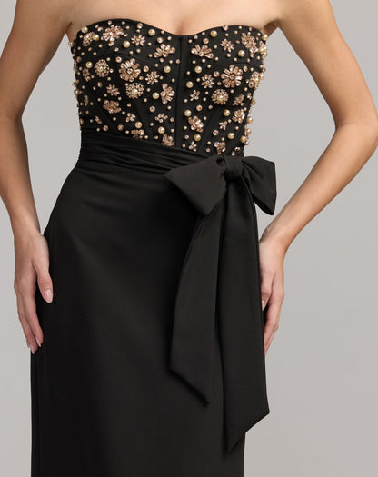 Mac Duggal Black Strapless Embellished Bustier Gown with Bow