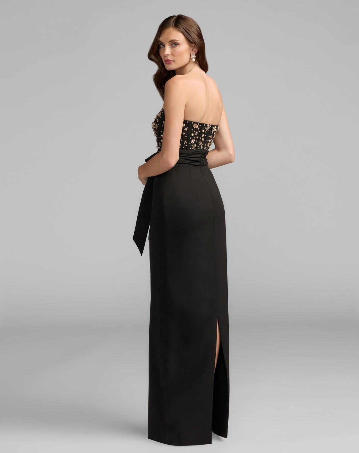 Mac Duggal Black Strapless Embellished Bustier Gown with Bow