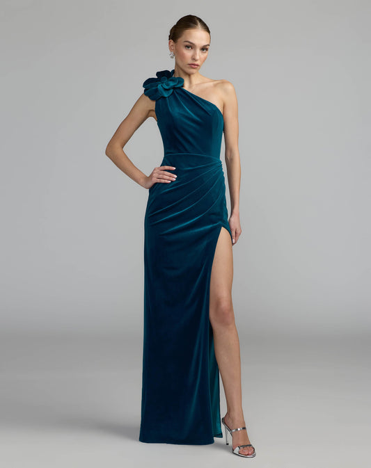 Mac Duggal Blue One Shoulder Velvet Gown With 3D Flower