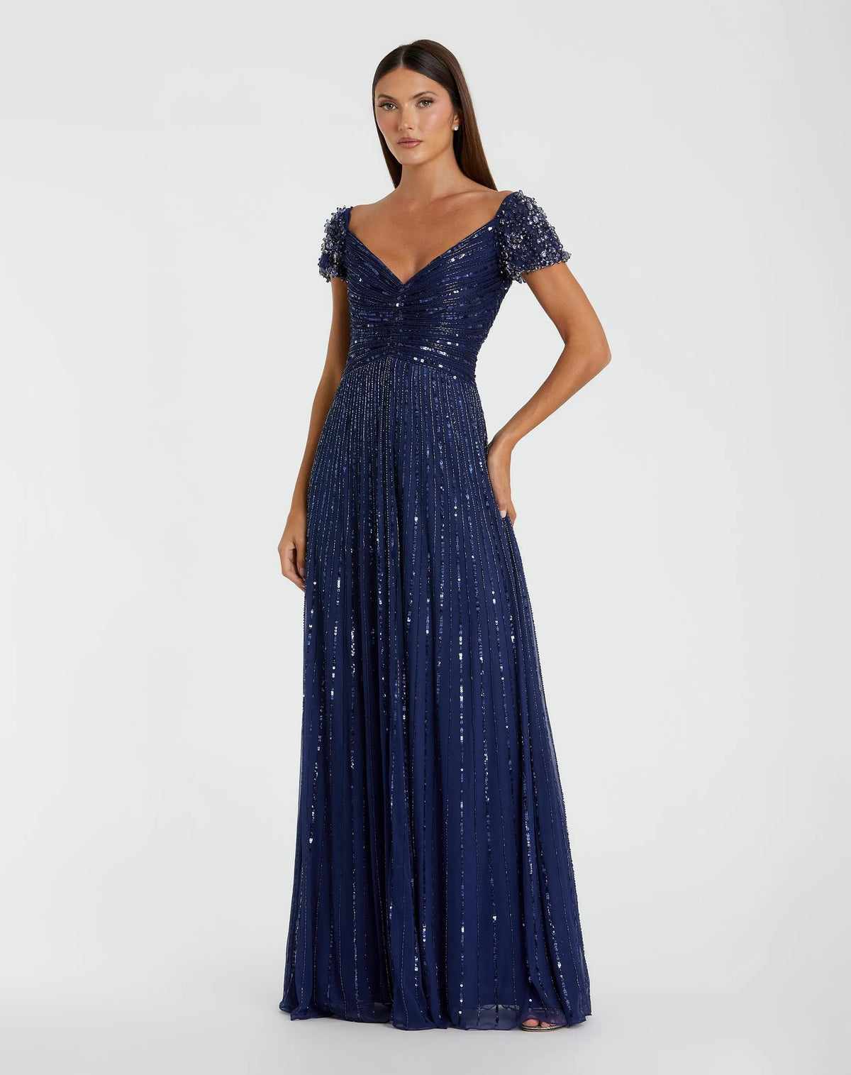Mac Duggal Navy Embellished V-Neck Cap Sleeve Gown