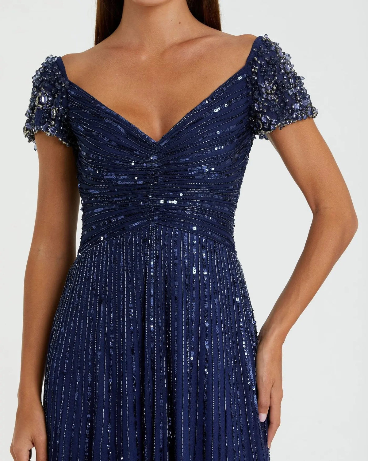 Mac Duggal Navy Embellished V-Neck Cap Sleeve Gown