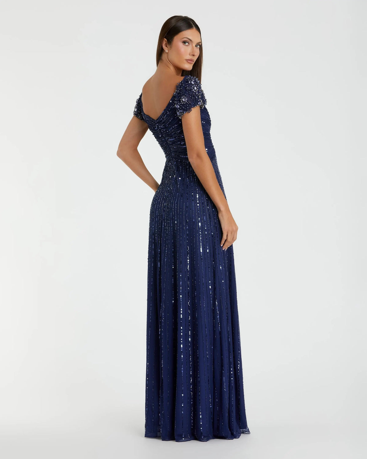Mac Duggal Navy Embellished V-Neck Cap Sleeve Gown