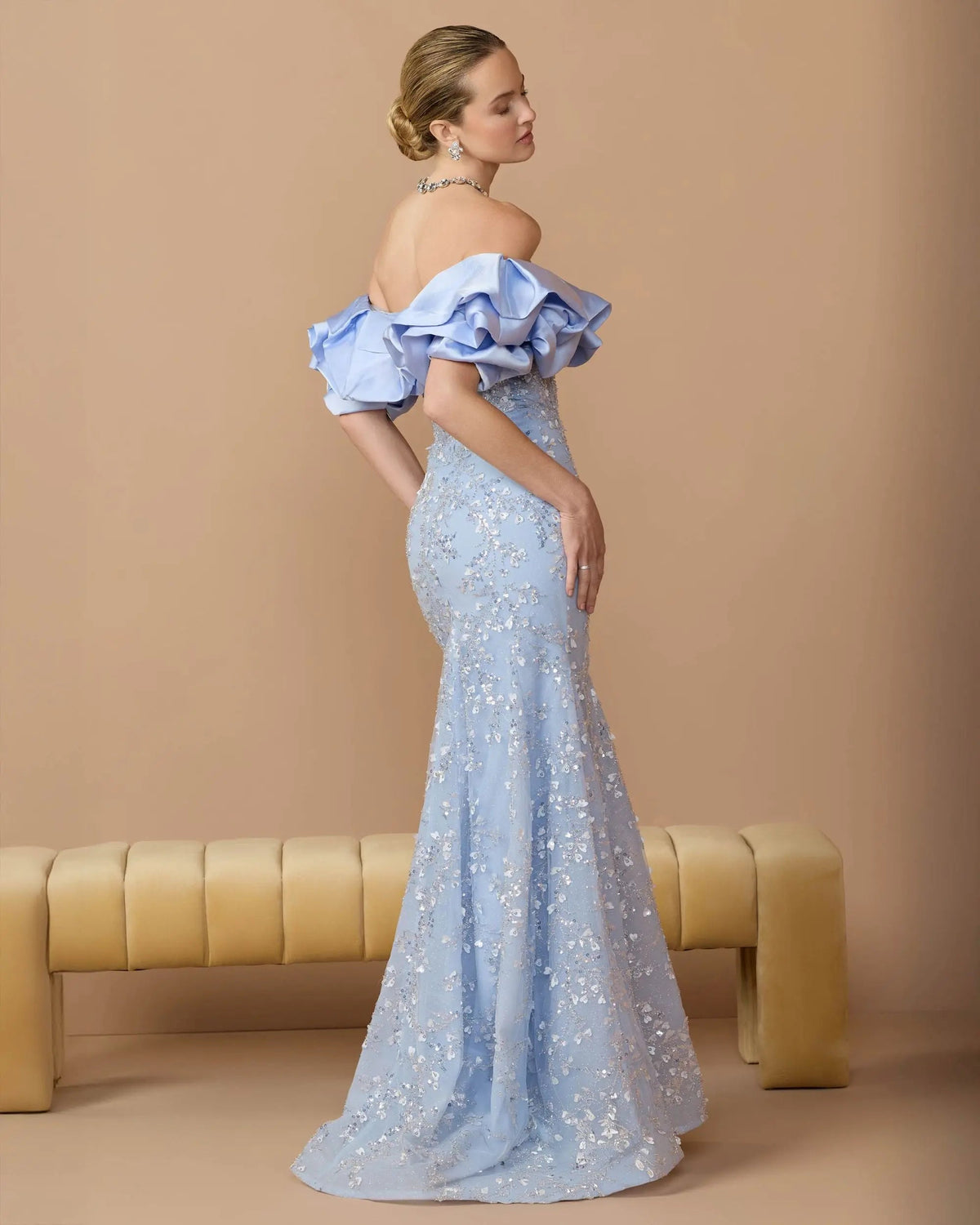 Mac Duggal Blue Embellished Mermaid Gown With Off The Shoulder Ruffle