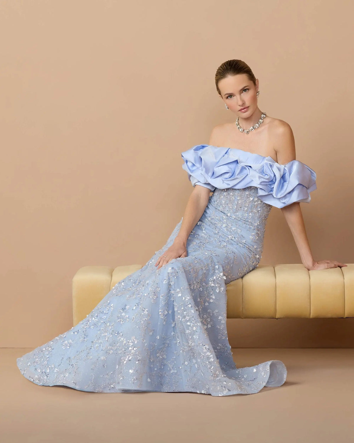 Mac Duggal Blue Embellished Mermaid Gown With Off The Shoulder Ruffle
