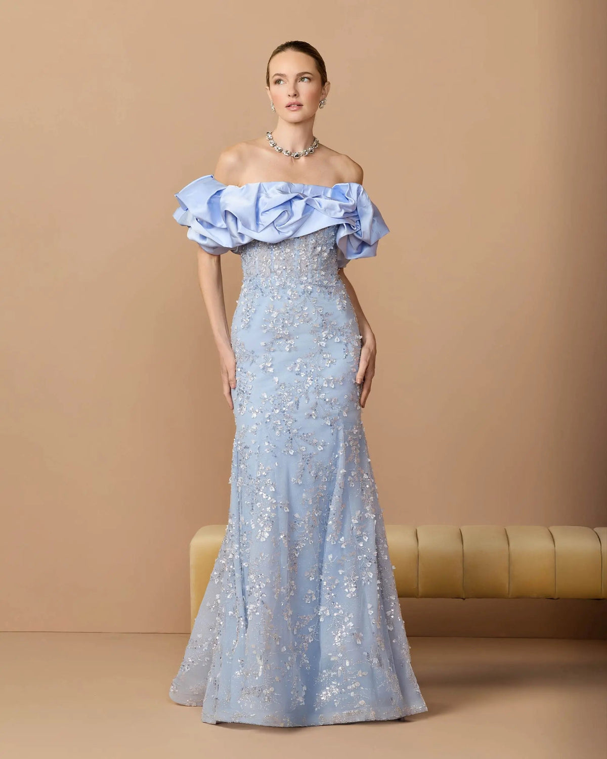 Mac Duggal Blue Embellished Mermaid Gown With Off The Shoulder Ruffle