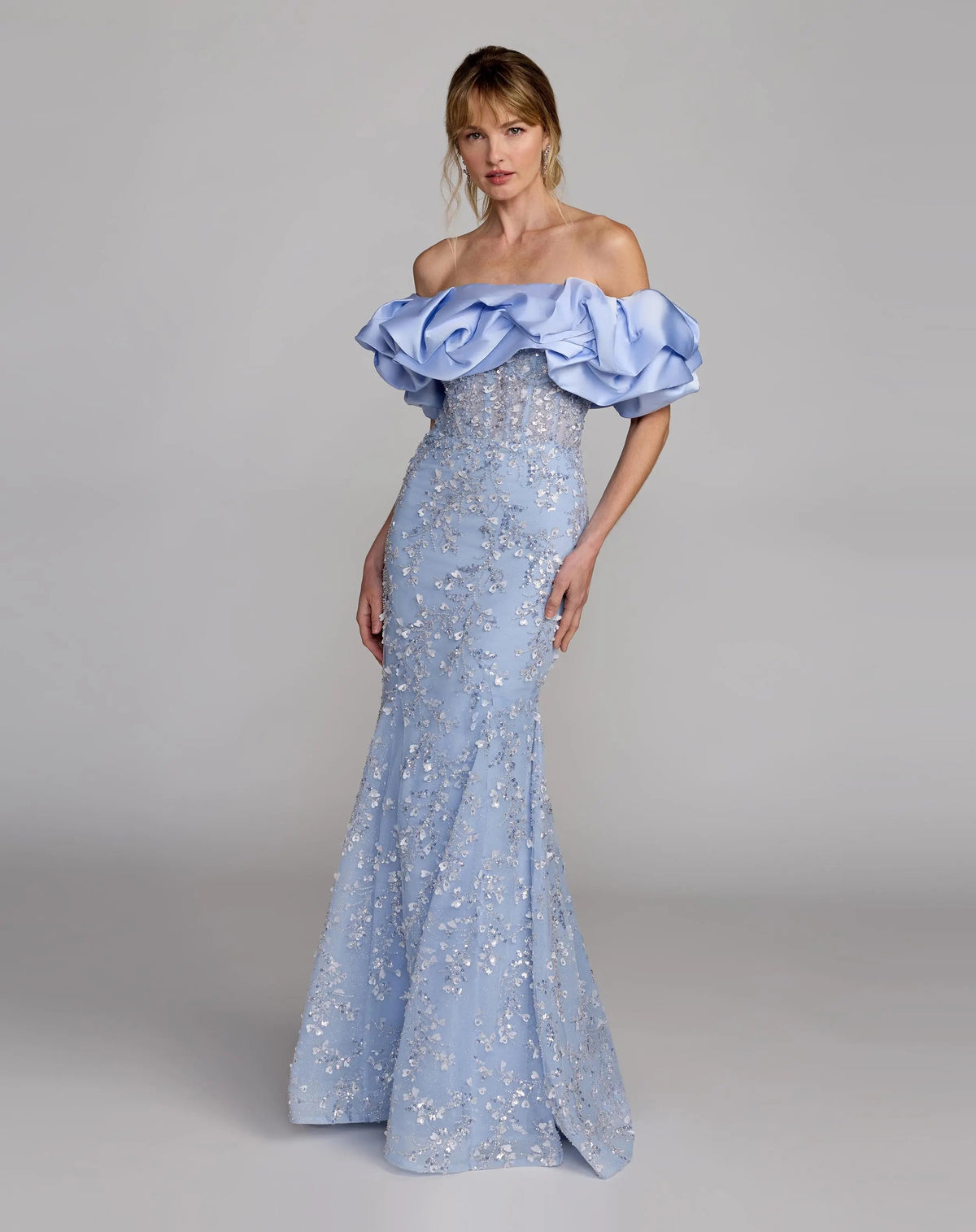 Mac Duggal Blue Embellished Mermaid Gown With Off The Shoulder Ruffle