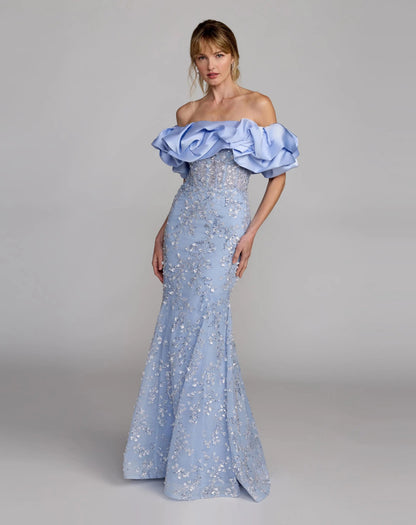 Mac Duggal Blue Embellished Mermaid Gown With Off The Shoulder Ruffle