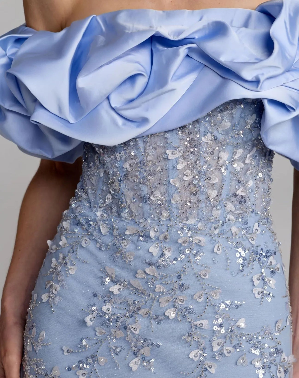 Mac Duggal Blue Embellished Mermaid Gown With Off The Shoulder Ruffle