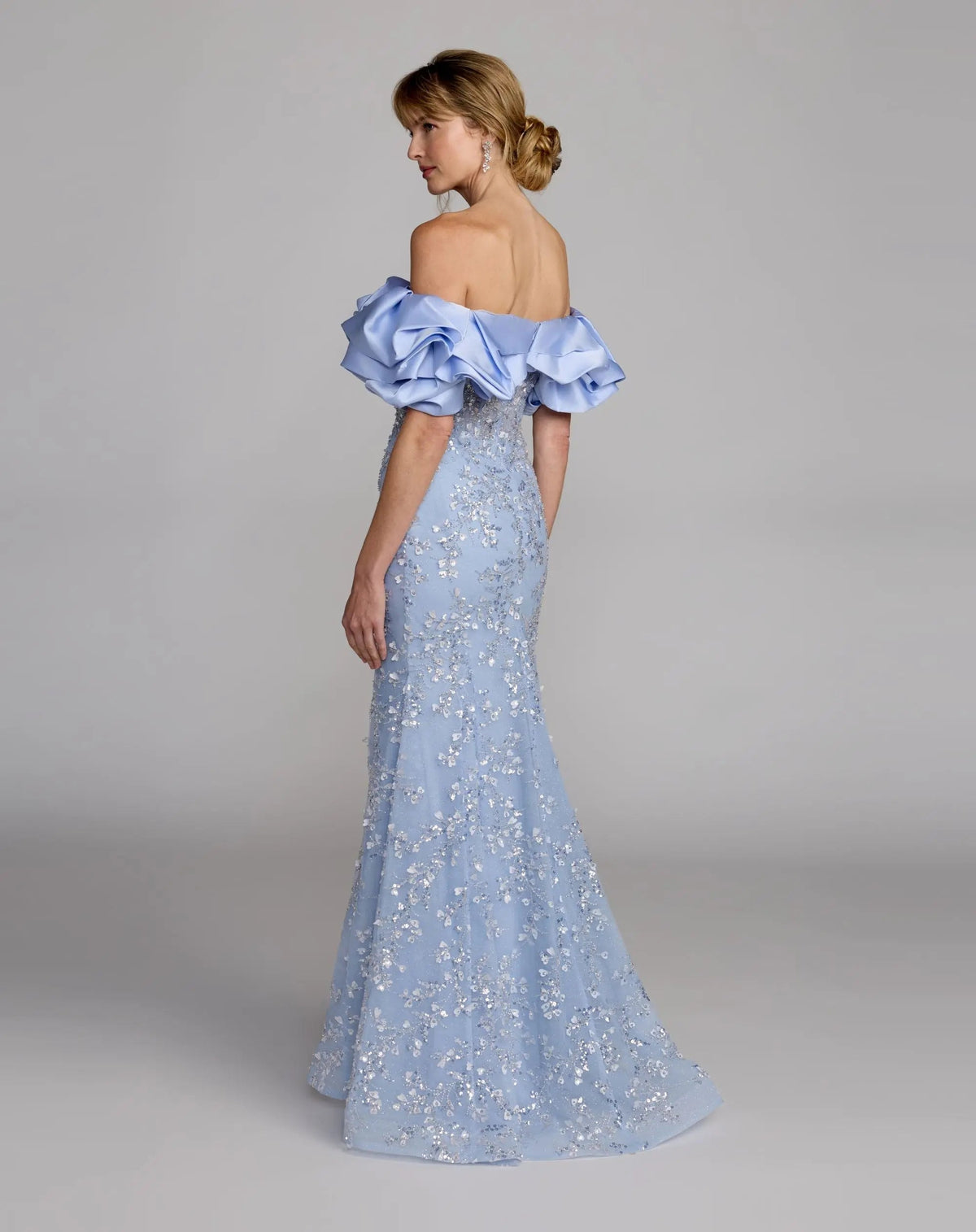 Mac Duggal Blue Embellished Mermaid Gown With Off The Shoulder Ruffle