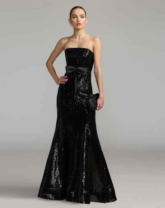 Mac Duggal Black Strapless Sequin Trumpet Gown With Bow Detail
