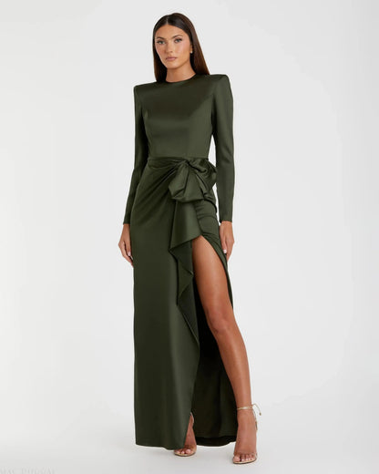 Mac Duggal Dark Green Long Sleeve Satin Bow Draped Column Gown