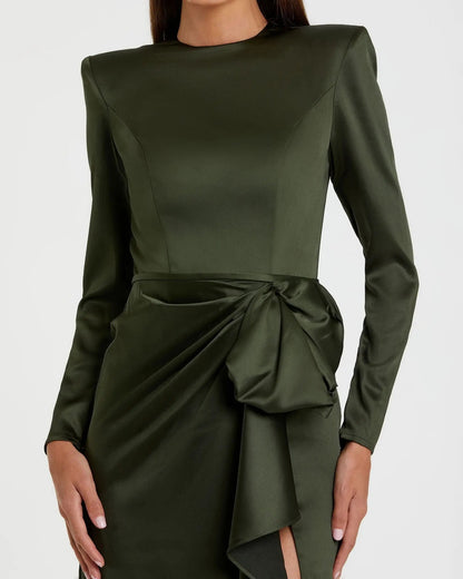 Mac Duggal Dark Green Long Sleeve Satin Bow Draped Column Gown