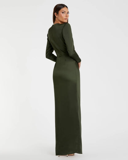 Mac Duggal Dark Green Long Sleeve Satin Bow Draped Column Gown