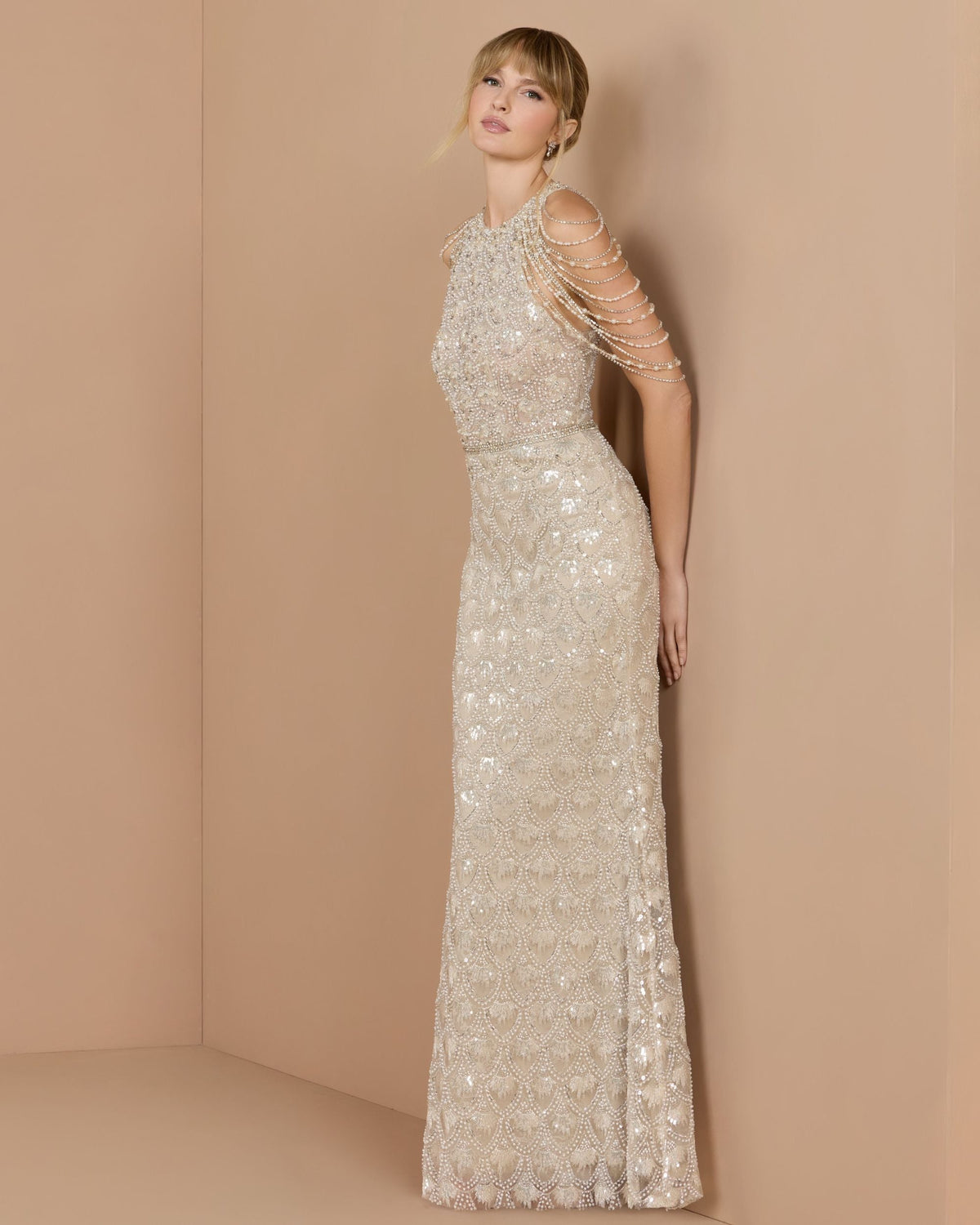 Mac Duggal Petite Ivory Draped Pearl Embellished Column Gown