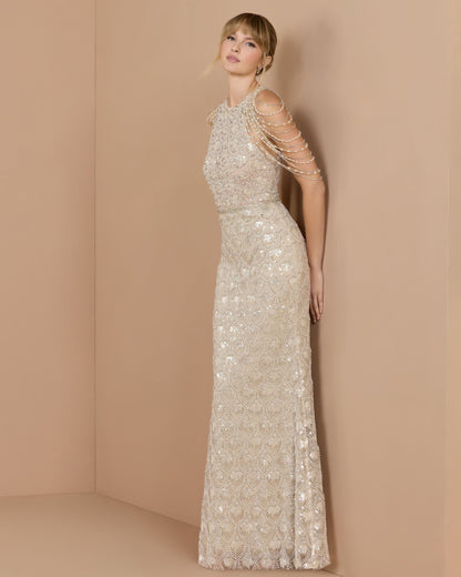 Mac Duggal Petite Ivory Draped Pearl Embellished Column Gown