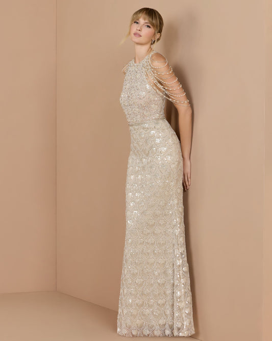 Mac Duggal Petite Ivory Draped Pearl Embellished Column Gown