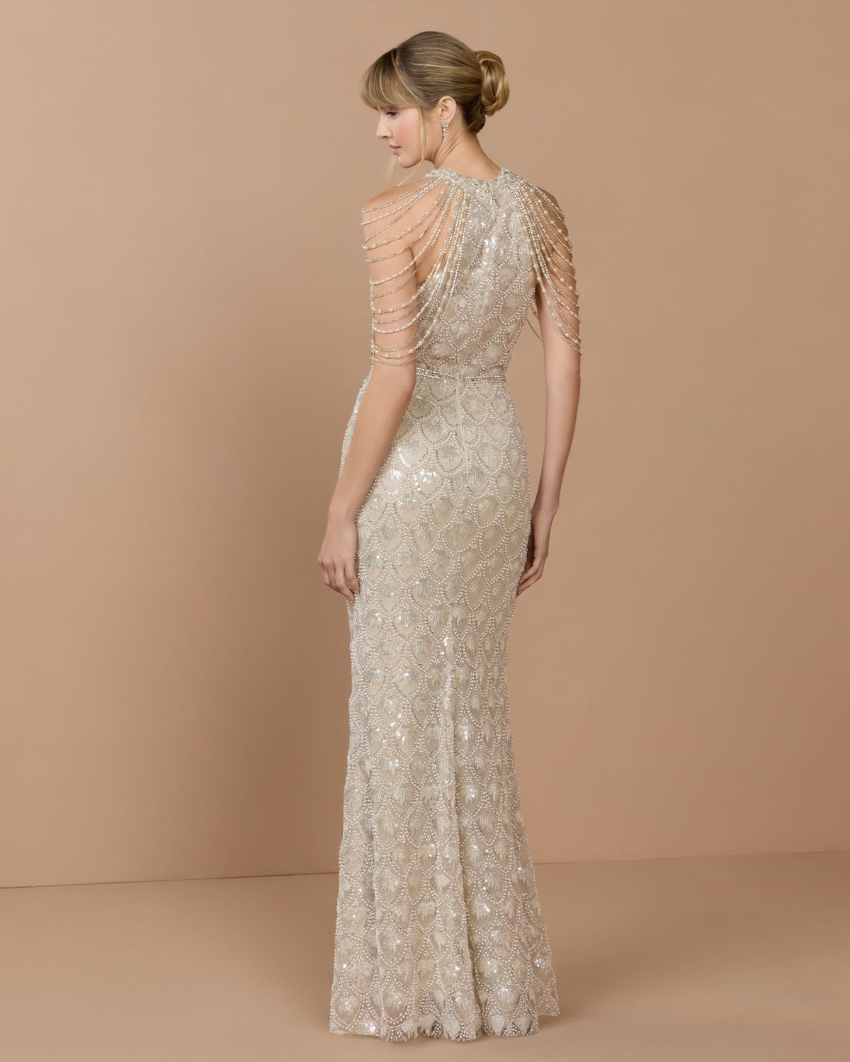 Mac Duggal Petite Ivory Draped Pearl Embellished Column Gown
