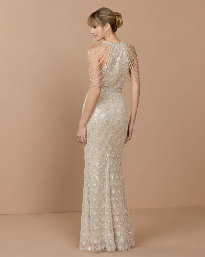 Mac Duggal Petite Ivory Draped Pearl Embellished Column Gown