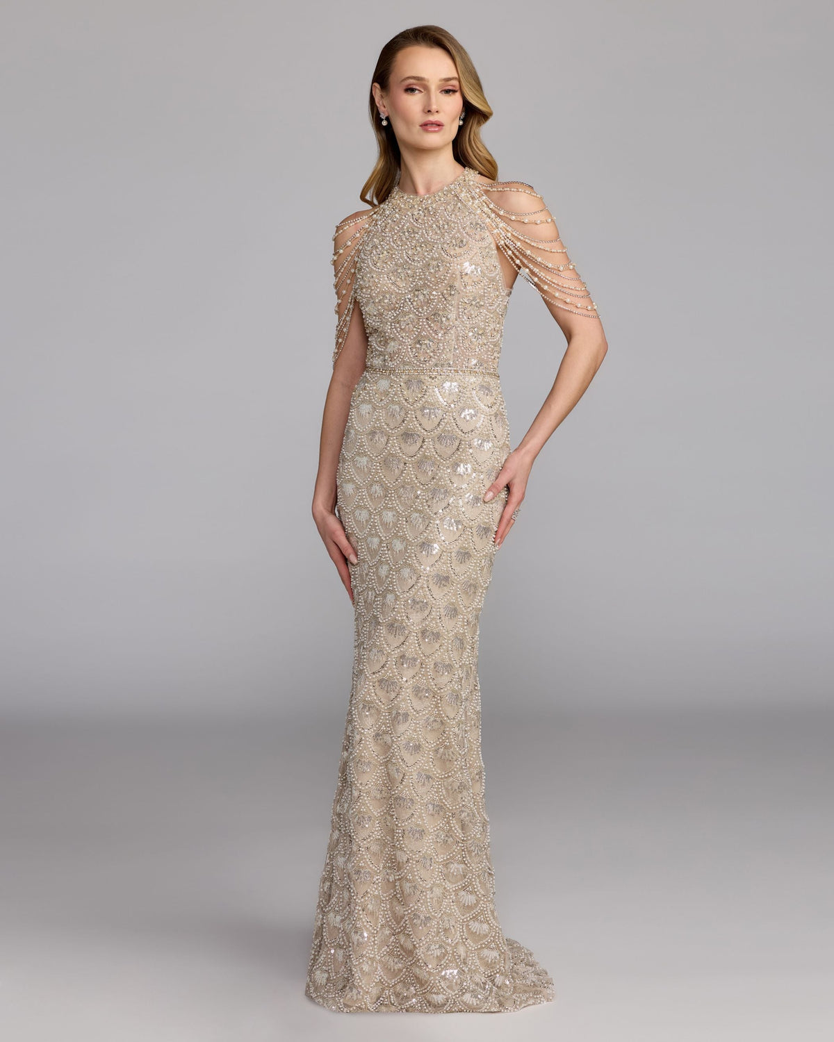 Mac Duggal Petite Ivory Draped Pearl Embellished Column Gown