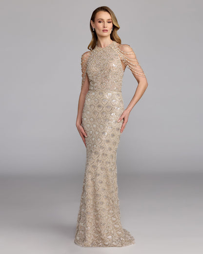 Mac Duggal Petite Ivory Draped Pearl Embellished Column Gown