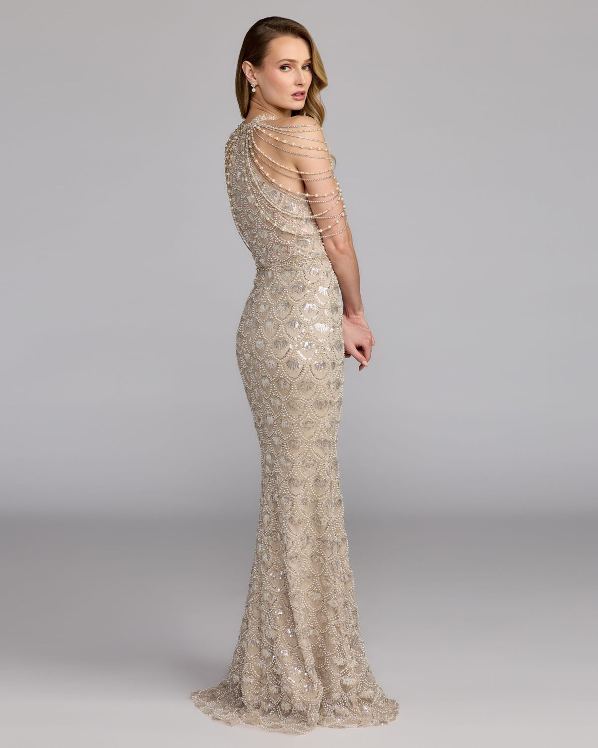 Mac Duggal Petite Ivory Draped Pearl Embellished Column Gown