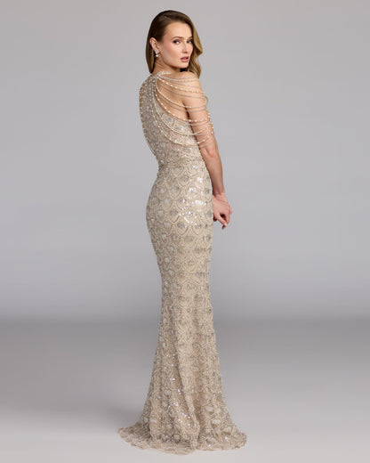Mac Duggal Petite Ivory Draped Pearl Embellished Column Gown