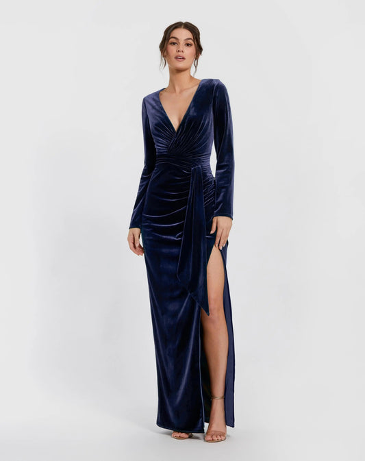 Mac Duggal Dark Blue Ruched Velvet Column Evening Gown