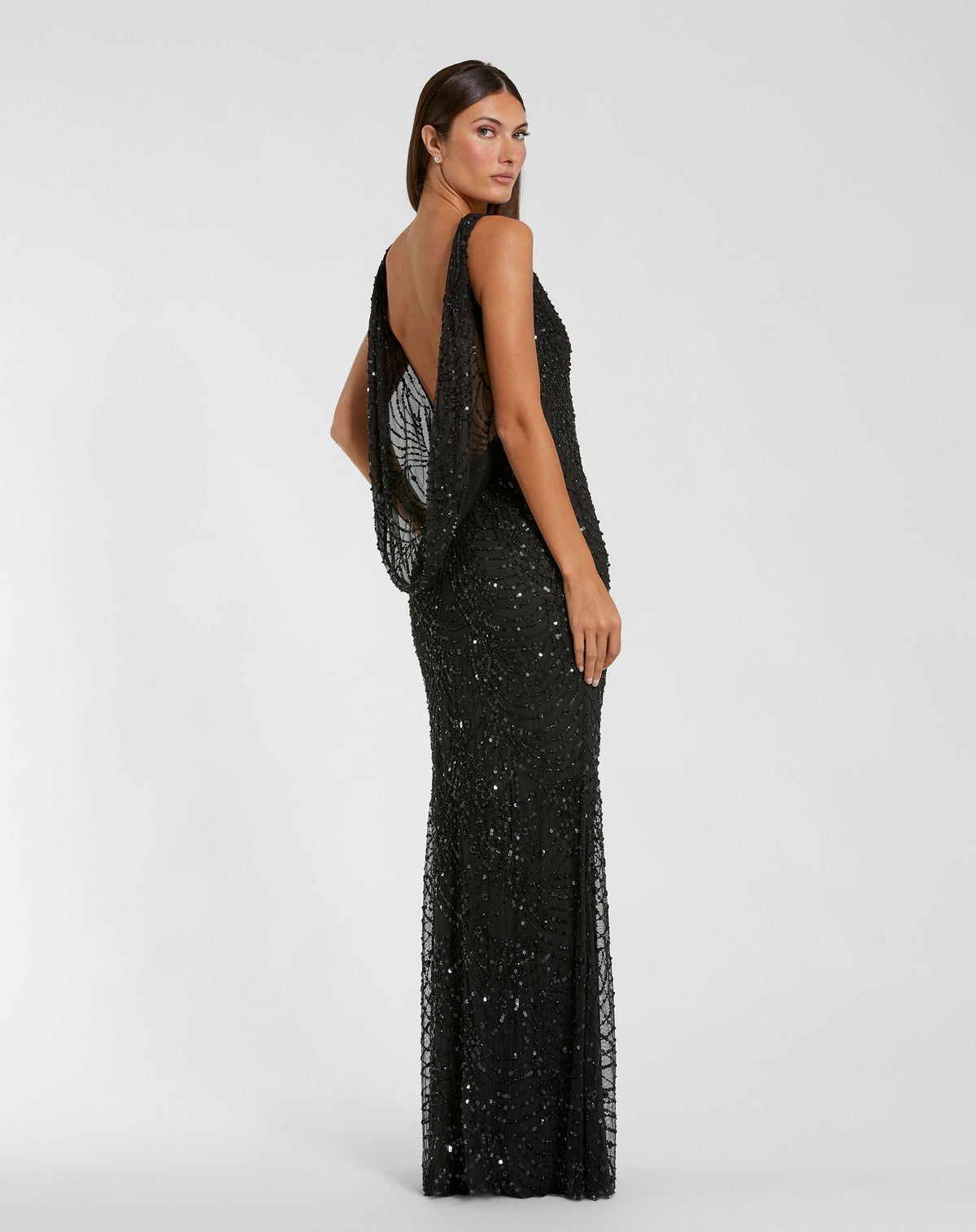 Mac Duggal Black Beaded Open Back Column Gown