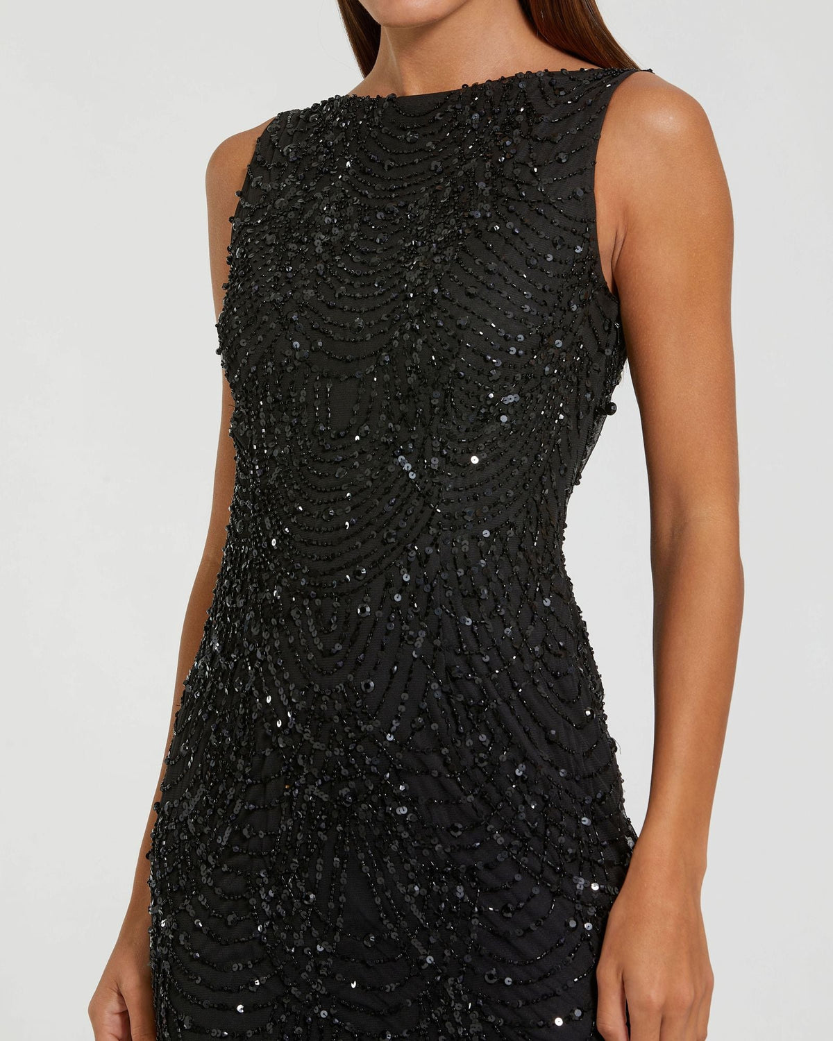 Mac Duggal Black Beaded Open Back Column Gown
