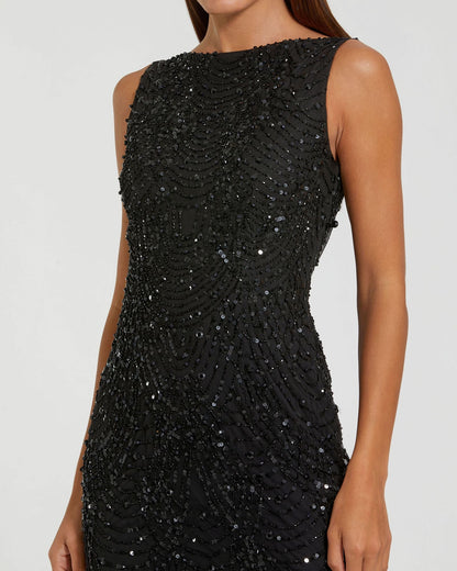 Mac Duggal Black Beaded Open Back Column Gown