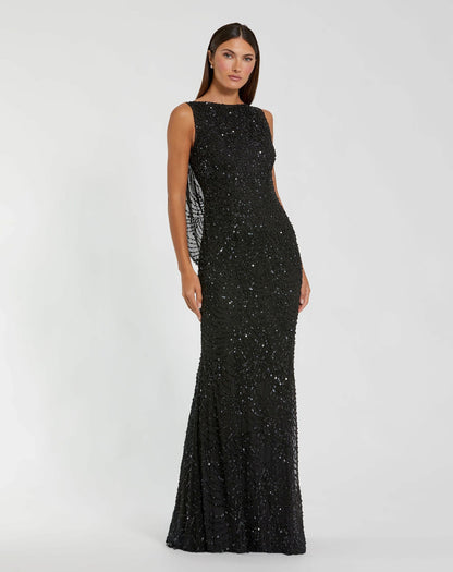 Mac Duggal Black Beaded Open Back Column Gown