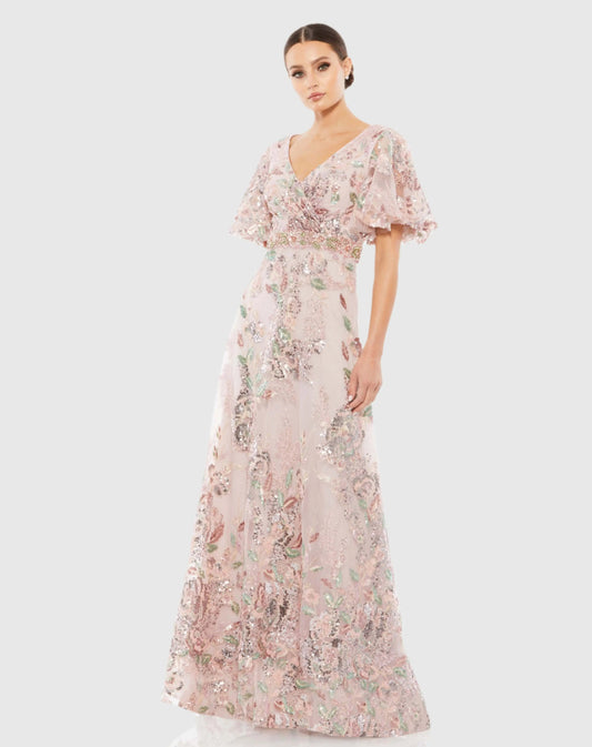 Mac Duggal Pink Floral Embellished Short Sleeve Gown
