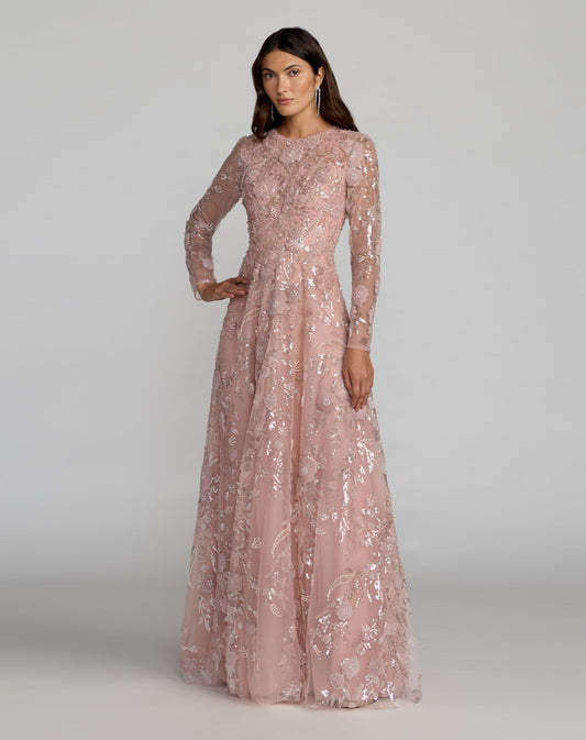 Mac Duggal Pink Embellished Long Sleeve Evening Gown