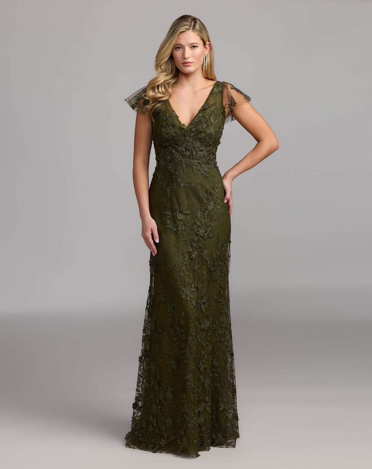 Mac Duggal Olive Green Floral Embroidered Flutter Sleeve Gown