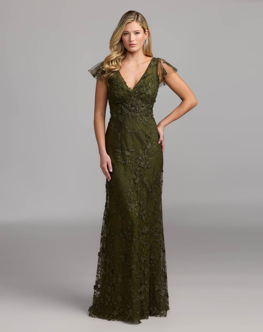 Mac Duggal Olive Green Floral Embroidered Flutter Sleeve Gown
