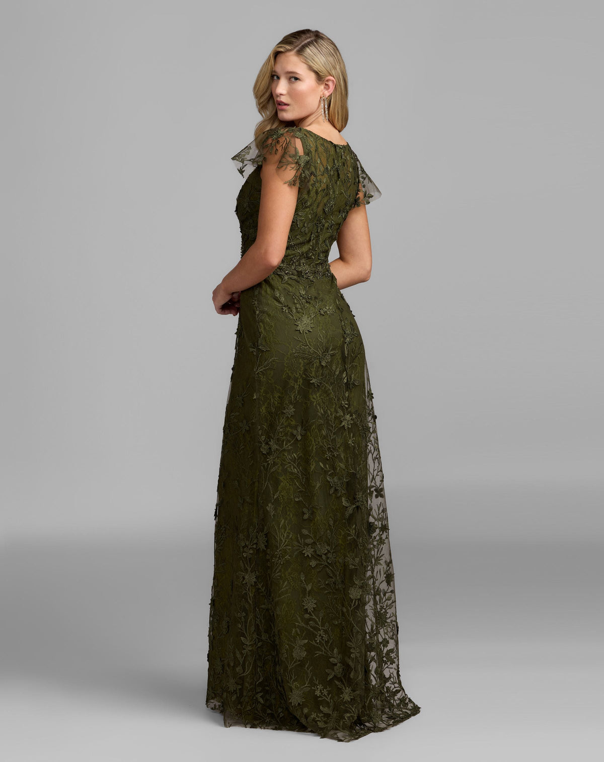 Mac Duggal Olive Green Floral Embroidered Flutter Sleeve Gown