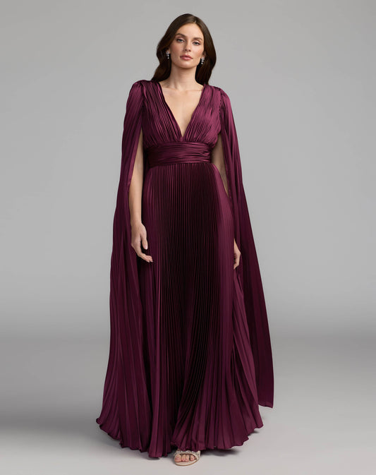Mac Duggal Dark Purple Pleated Charmeuse V Neck Gown With Cape