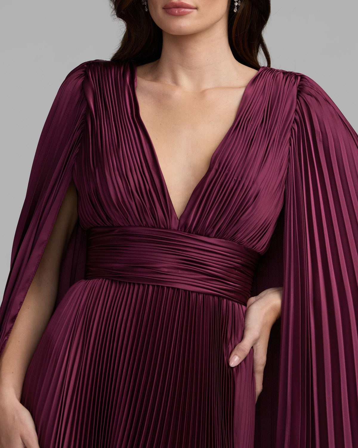 Mac Duggal Dark Purple Pleated Charmeuse V Neck Gown With Cape