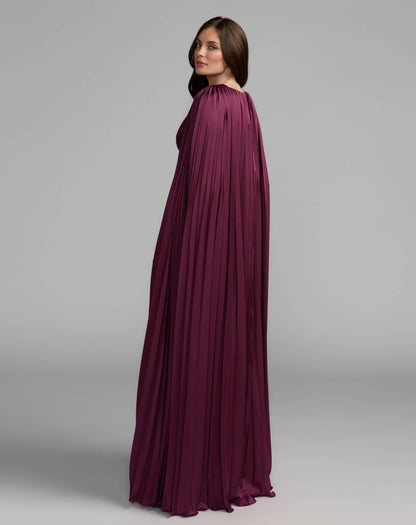 Mac Duggal Dark Purple Pleated Charmeuse V Neck Gown With Cape
